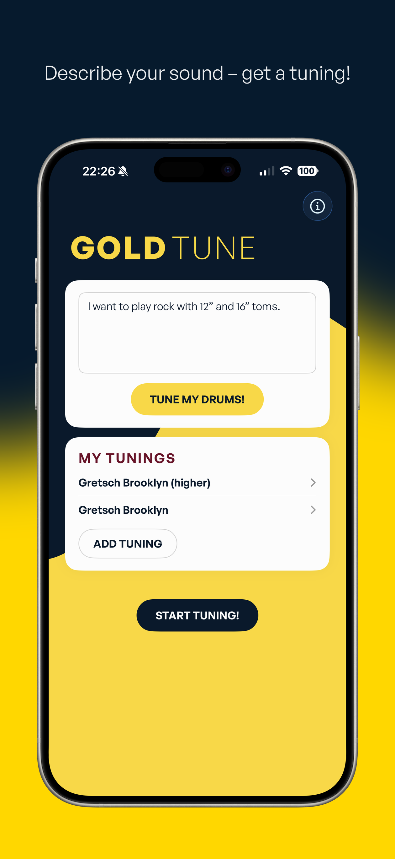 Gold Tune prompt input and saved tunings screen
